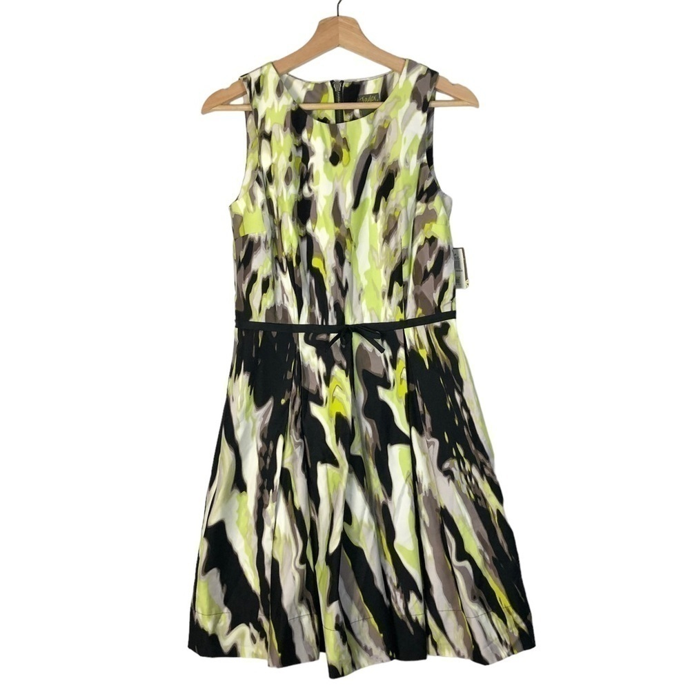Taylor Chartreuse Green & Black Watercolor A-Line Knee Length Dress 4